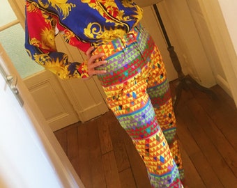 Gianni Versace Jeans Vintage 90s Color Block Naranja Denim Alta Cintura Pantalon Pantalones