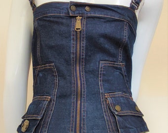D&G Dolce and Gabbana Denim Bustier Vintage 90s Fishbone Cargo Pocket Parachute Clips Straps Top Small Corset