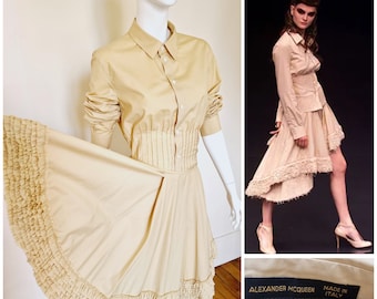 Alexander McQueen Runway #20 The Dance of the Twisted Bull Spring Summer 2002 Couture Brown Evening Beige Skirt Badge Costume Suit Dress