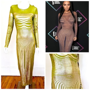 Jean Paul Gaultier S / S 1996 Optische Täuschung Körper Karte Metall Silber Grün Cyberbaba Trompe l'oeil l'oeil Kim Kardashian Netz Kleid Kleid