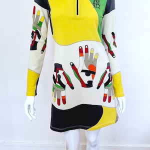 Jean Paul Gaultier Handsymbol Zeichen Logo Map Geometrisches Tattoo Gelb Grün Print Sport Midi Kleid