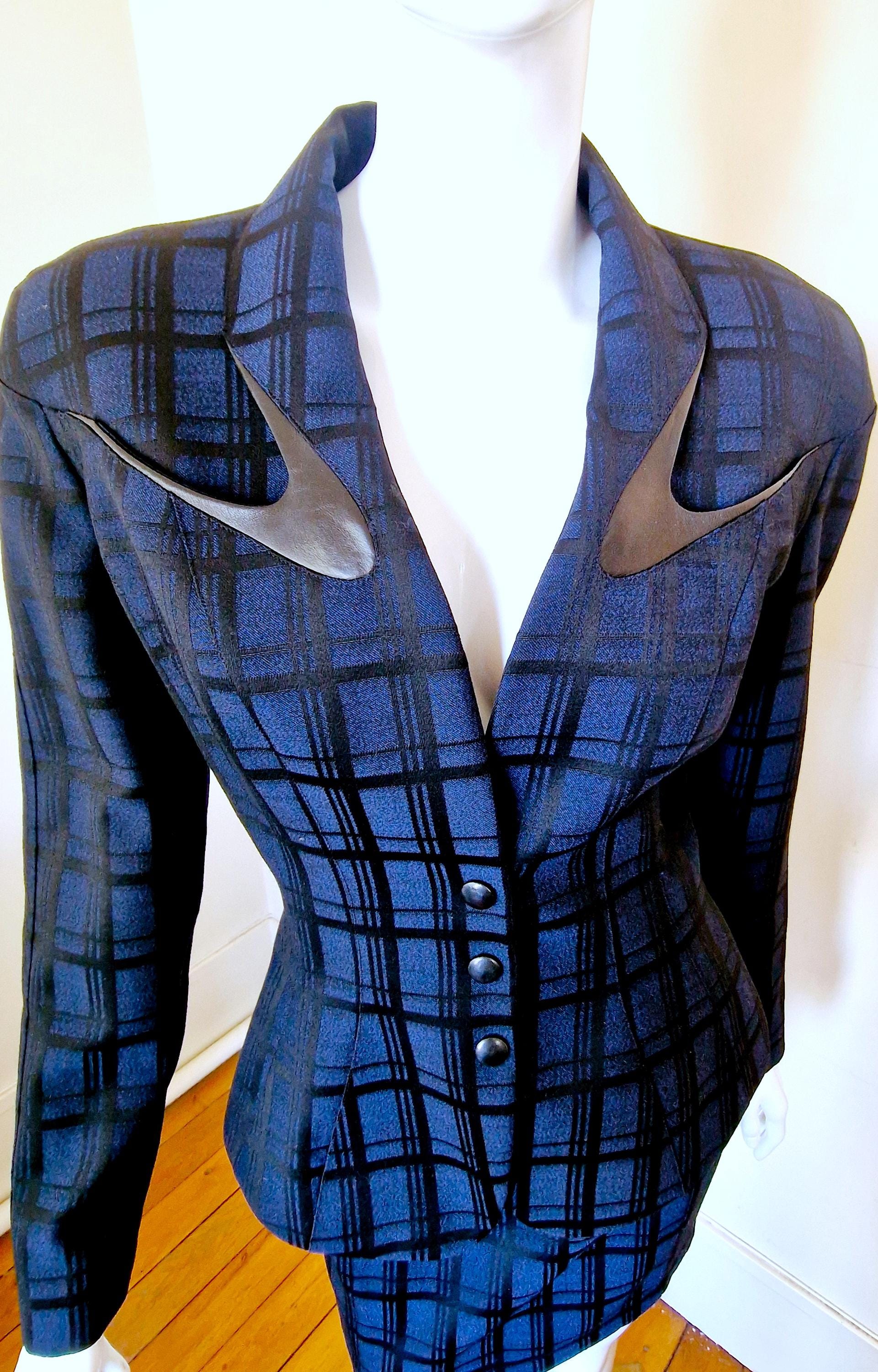 Thierry Mugler Bee Tartan Plaid Checked Couture Les Insects Wool Blue Navy Small Medium Dress Set Costume Skirt Ensemble Suit