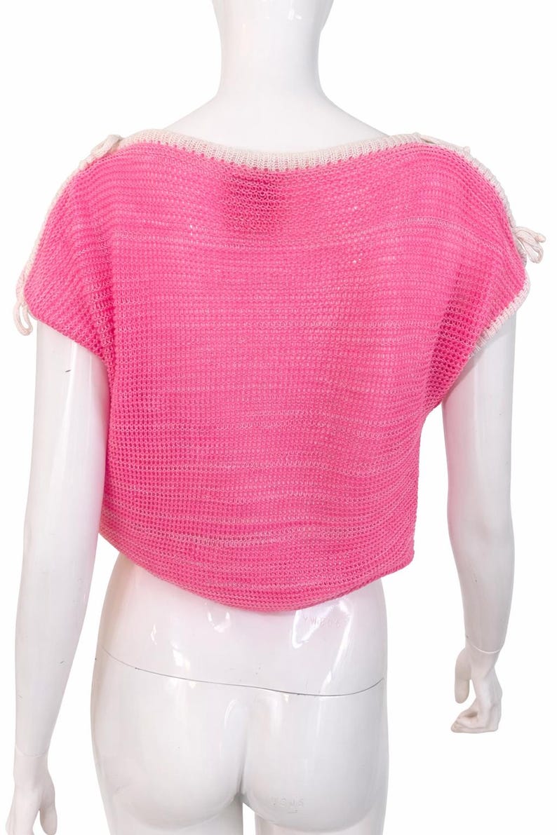 Courrèges Paris Vintage Rosa Stickad Topp - Y2K Neon Virkad Tröja Öppen Bara Axlar Knytpullover Transparent - Storlek Medium bild 7