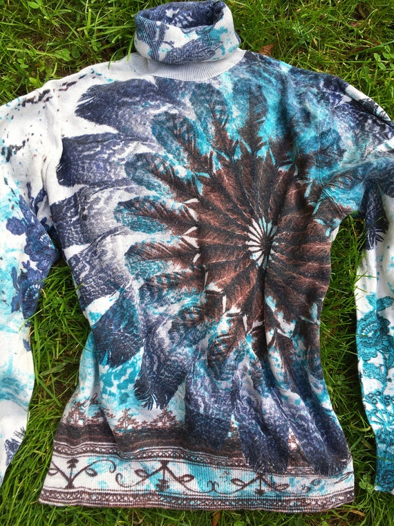 Jean Paul Gaultier Blue Vintage Floral Flower Native Indian Symbol 