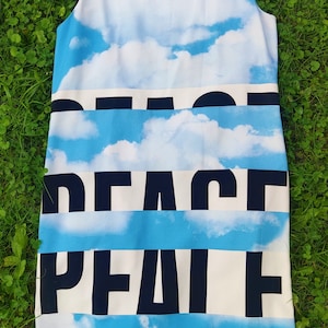 Iconic Moschino PEACE and STOP WAR Vintage 1990s 90s Striped Pop Art Black White Blue Bird Pigeon Robe Mini Dress