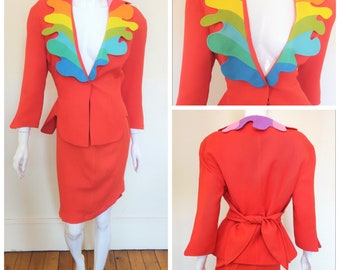 Thierry Mugler Iconic Rainbow Arc En Ciel S/S 1990 Runway Couture Structured Jacket Ensemble Jupe Wave Suit