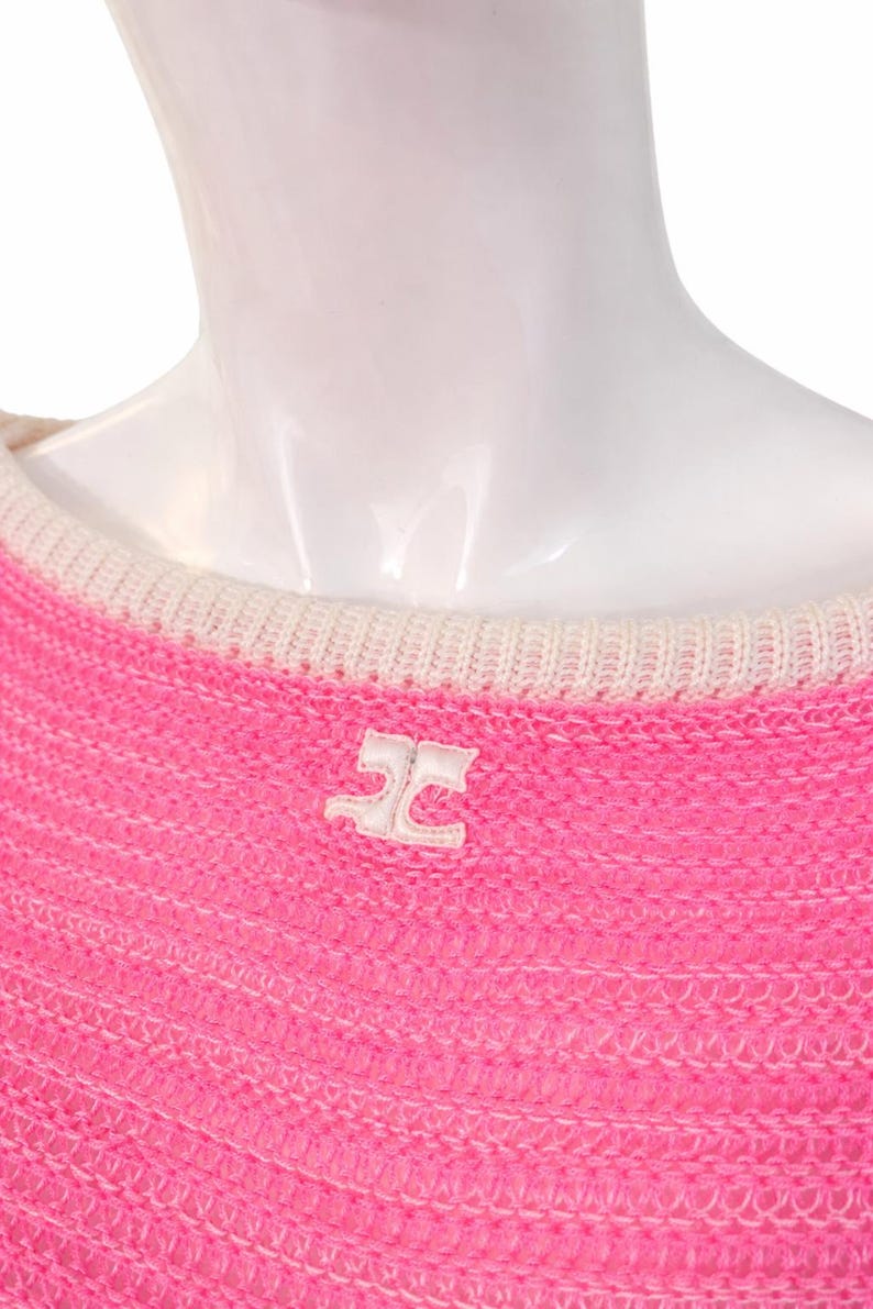 Courrèges Paris Vintage Rosa Stickad Topp - Y2K Neon Virkad Tröja Öppen Bara Axlar Knytpullover Transparent - Storlek Medium bild 1