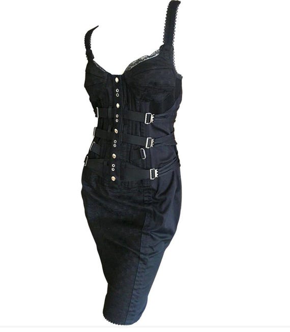 D&G Dolce and Gabbana Trim Bondage Corset Lace up Bustier Vintage 90s Fishbone Strap Cargo Black Medium Cocktail Top Dress