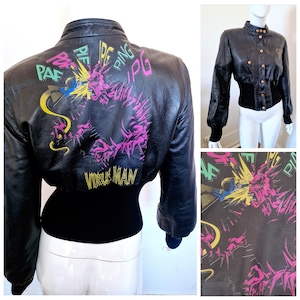Jean Paul Gaultier F/W 1995 Virus Man Leather JPG Czarny Komiks Punk Rock Kobiety French XS Mała Kurtka