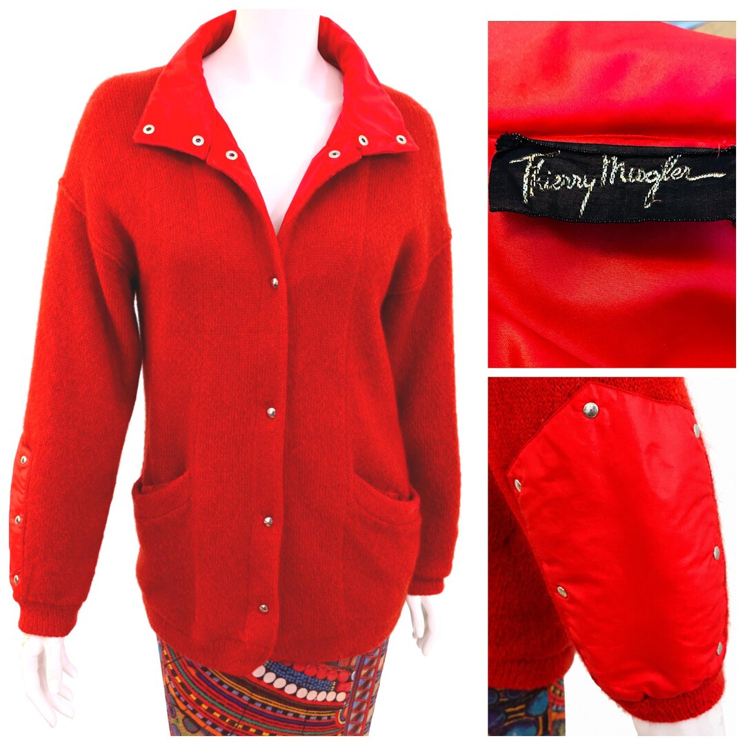 Thierry Mugler Vintage Red Wool Jacket, Lamb Fur Collar, 80s Armor