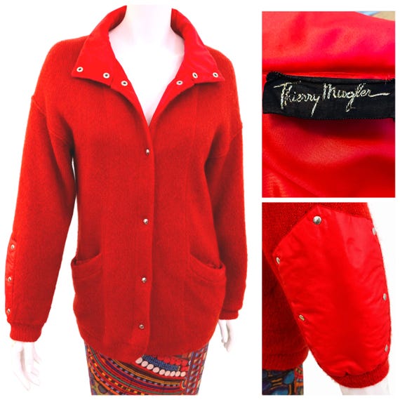 Mugler, Thierry Mugler FW83 Red Armor Wool Satin Vintage 80s Men Women Sportwear Small Medium Oversize Panel Coat Jacket