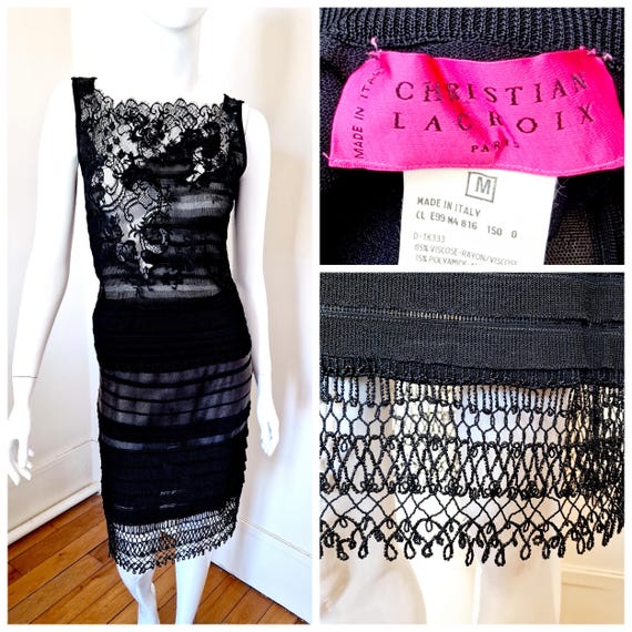 Christian Lacroix, Christian Lacroix Flapper Couture Great Gatsby 20s Pearl Black Vintage Transparent Panel Lace 2 Piece Medium Dress