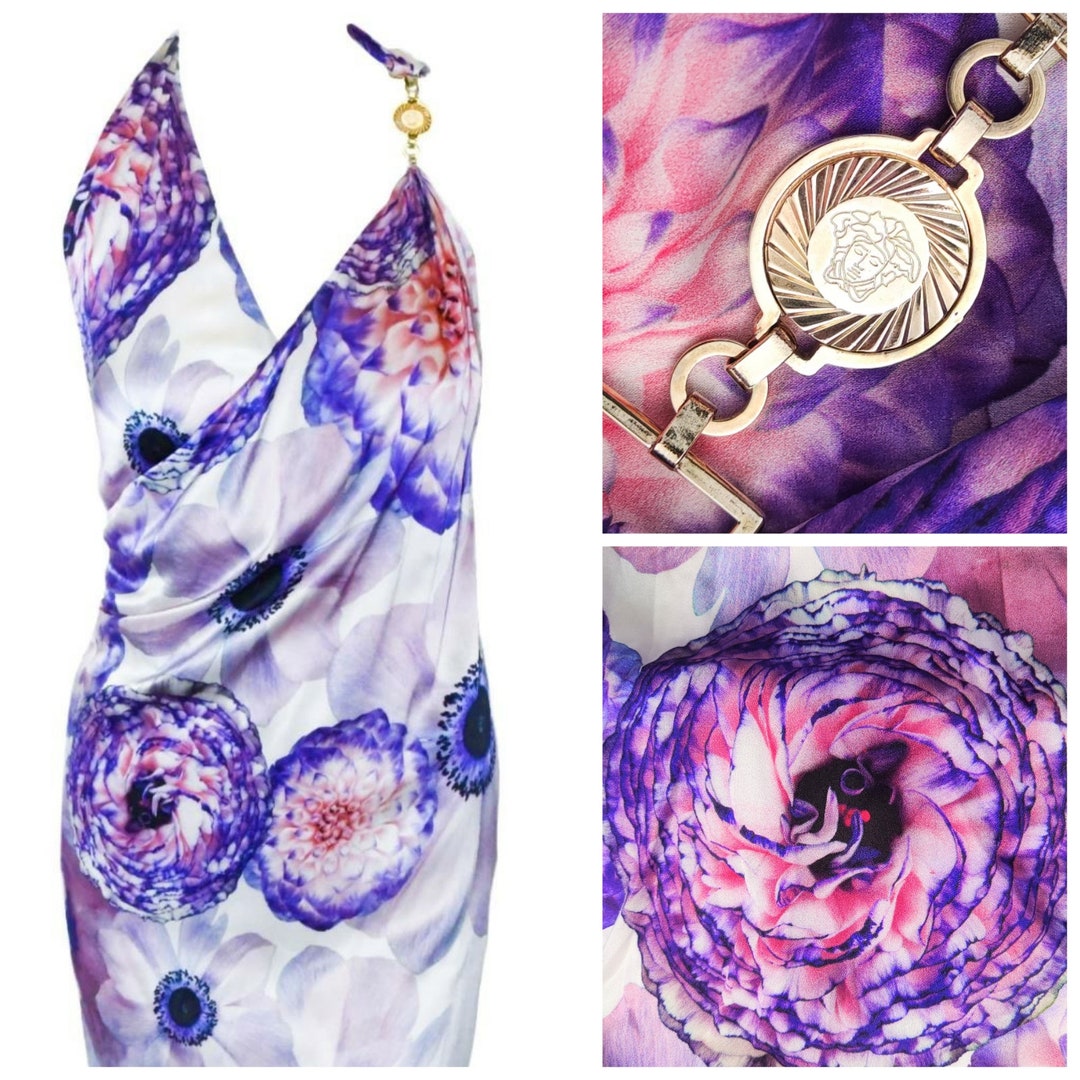 VERSUS Gianni Versace 花柄ワンピース 38 Gianni Versace Silk White & Purple Floral Rose Flower Print