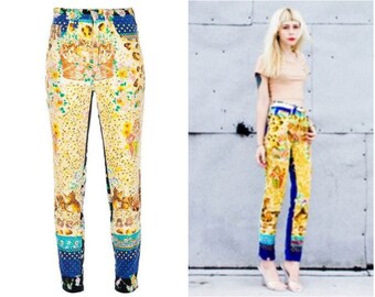 vintage Versace Jeans Couture Velvet Dot Dots Floral Flower Cat Tiger Leopard High Velour Rise Waist Cat Pantalon Pantalon Jeans