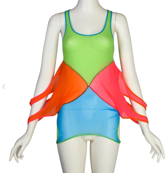 Jean Paul Gaultier, Jean Paul Gaultier 4 in 1 Neon Lot Mesh Pink Orange Color Block Panel Multiply Vintage 90s Man Men Sheer Tank Tee Top