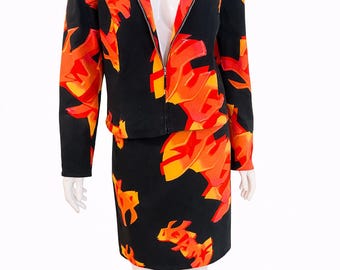 Thierry Mugler Flame Graffiti Vintage Skirt Suit Set 90s Graphic Print Jacket Avant Garde Designer Set Black Orange -  Size Large