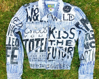 Walter Van Beirendonck W< Summer 1998 A Fetish for Beauty Kiss The Future Denim Men 90s Blue Fox Penned Denim Coat Jacket