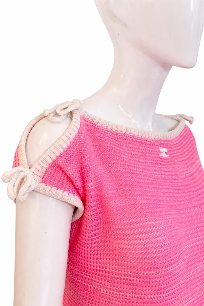Courrèges Paris Vintage Rosa Stickad Topp - Y2K Neon Virkad Tröja Öppen Bara Axlar Knytpullover Transparent - Storlek Medium bild 2