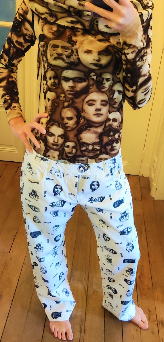 Jean Paul Gaultier Face Portrait Vintage Punk Anarchy Fight Against Racism Print  Pants Trousers Pantalon -  Canada