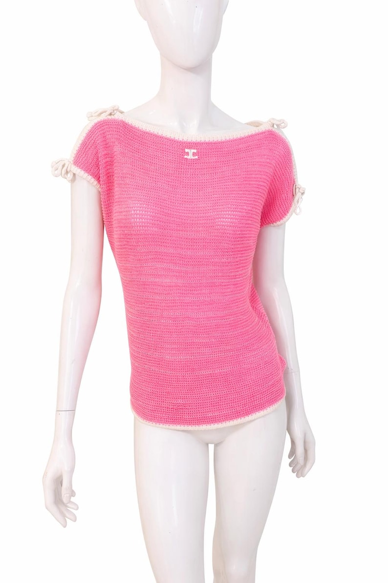 Courrèges Paris Vintage Rosa Stickad Topp - Y2K Neon Virkad Tröja Öppen Bara Axlar Knytpullover Transparent - Storlek Medium bild 3