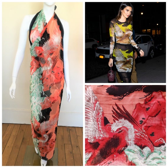 Jean Paul Gaultier, Jean Paul Gaultier Vintage Japanese Golden Eagle Koi Fish Kendall Jenner Wave Mesh Sheer Transparent T-shirt Tattoo Shirt Top Pareo Dress