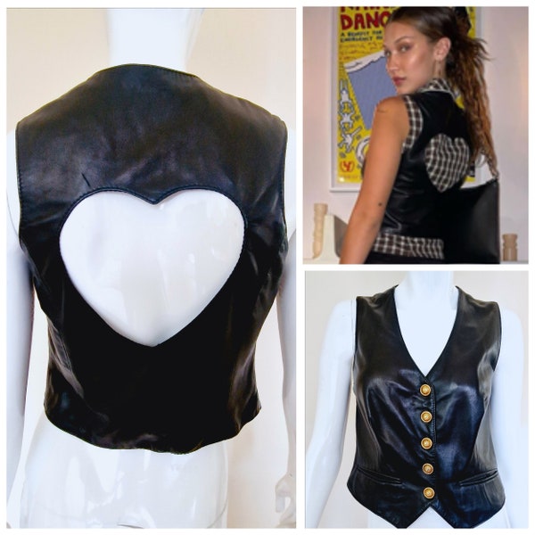 Moschino Leather Heart Cut out Cut-out Bella Hadid Couture Runway Vintage Black Medium Tee Shirt Tank Top Jacket Vest