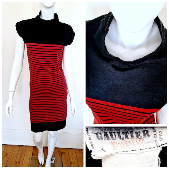 Jean Paul Gaultier, 1980s Jean Paul Gaultier Public Red Bordeaux Striped Marine Sailor Equator Medium Large Top Dress