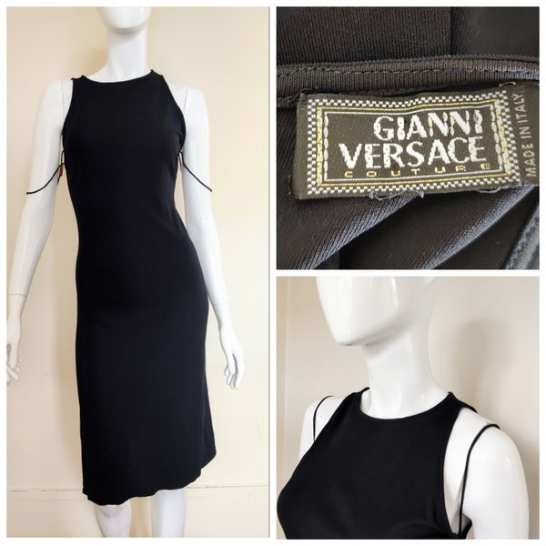 Gianni Versace Couture Noir Soirée Mouring Funérailles Sleevless Medium Midi Dress Robe