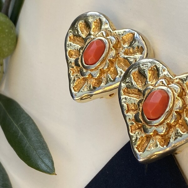 Christian Lacroix Heart CL Logo Chram Gold Golden Orange Coral Elegant Runway Couture Circle Round Clips Earrings