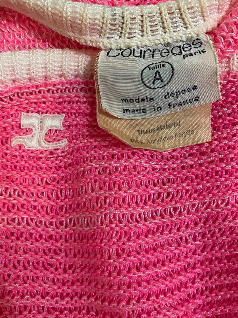 Courrèges Paris Vintage Rosa Stickad Topp - Y2K Neon Virkad Tröja Öppen Bara Axlar Knytpullover Transparent - Storlek Medium bild 9