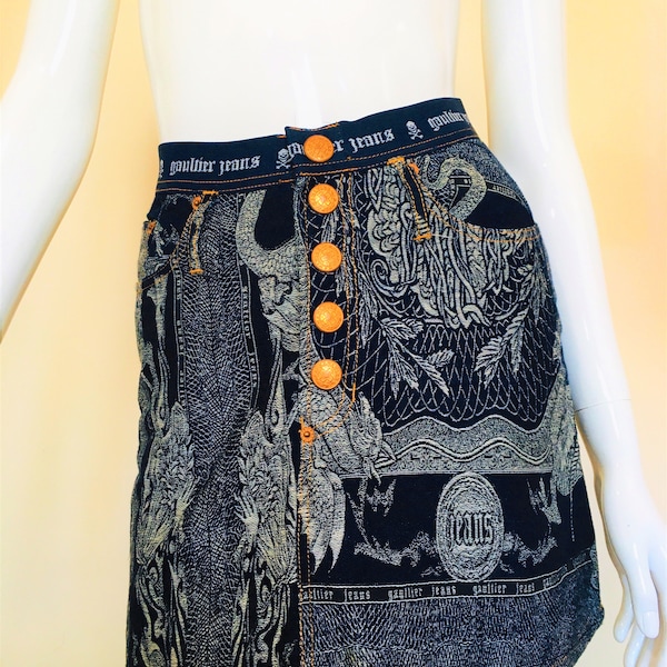 Jean Paul Gaultier Le Grande Voyage Dragon Pegasus Blue Mongolian Maori Tribal Bull Baroque Tattoo Russian Vintage 90s 1994 Mini Skirt