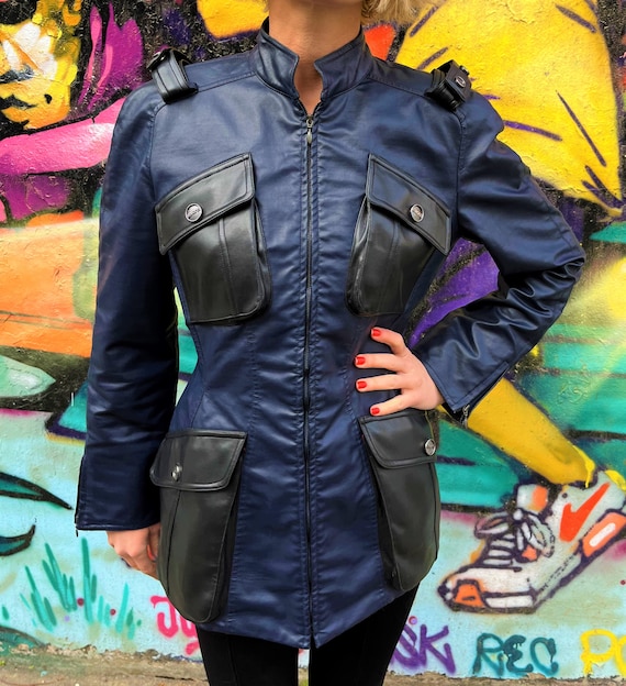 Thierry Mugler Runway Wasp Waist Bee Motorcycle PVC Big Pocket Blue Vintage Paris MTM Trademark Faux Leather 90s Runway Suit Blazer Jacket View 2