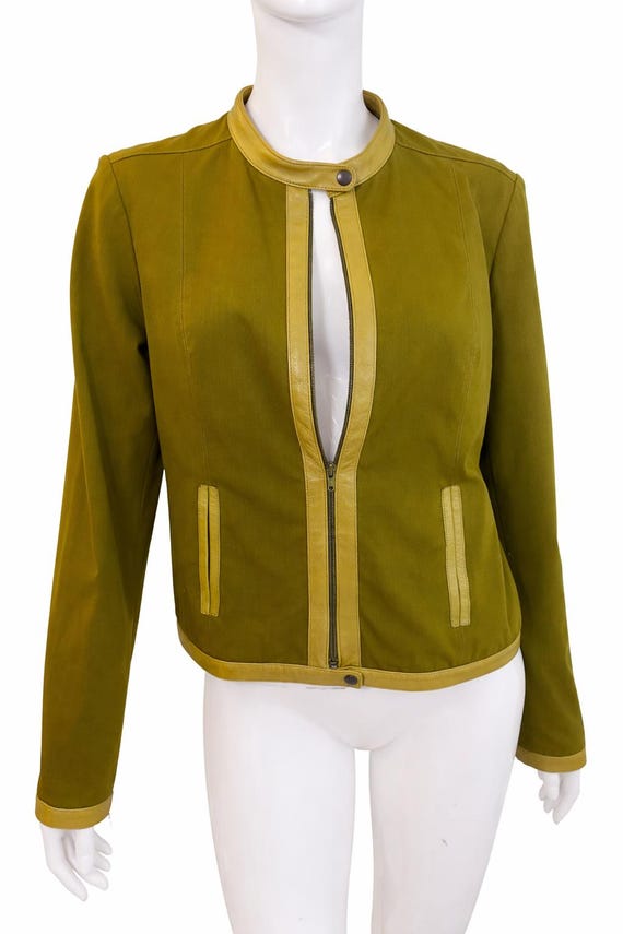 Vintage Plein Sud Paris Olive Leather Trim Jacket – 90s Minimalist Designer Jacket – Chartreuse Green Vintage - Large