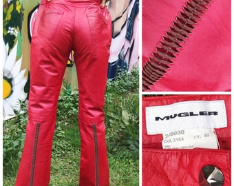 Thierry Mugler Red Calf Leather Couture Runway Motorcycle Vintage Paris Cut Out Cutout Corset France 90s Pantalon Trousers Pants