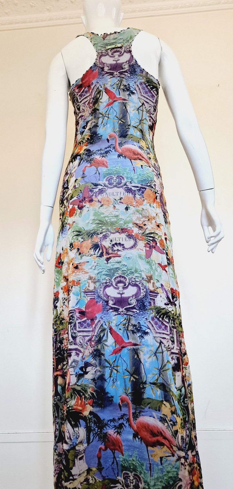 Jean Paul Gaultier Tropical Butterfly Bella Hadid Flamingo Floral Print Vintage 90s Maxi Long Mesh Sheer Tank Top Dress Robe image 3