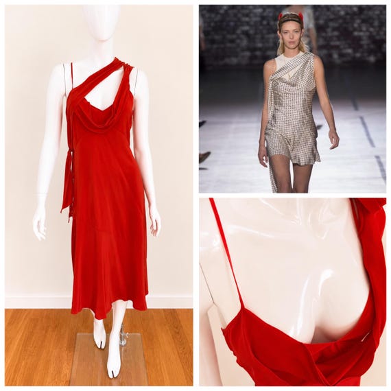 John Galliano, John Galliano S/S 2017 Red Silk Dress - Symmetric Draped Convertible Midi Dress - Size Medium Large NEW