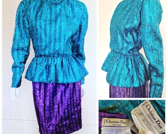 Christian Dior Metal Shiny Boutique Elena Blue J'adore Blue Purple Violet Vintage Jacket Ensemble Suit Costume Dress