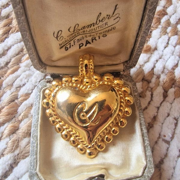 Christian Lacroix Heart CL Logo Gold Golden Elegant Runway Couture Circle Round Necklace Medal Charm Brooch