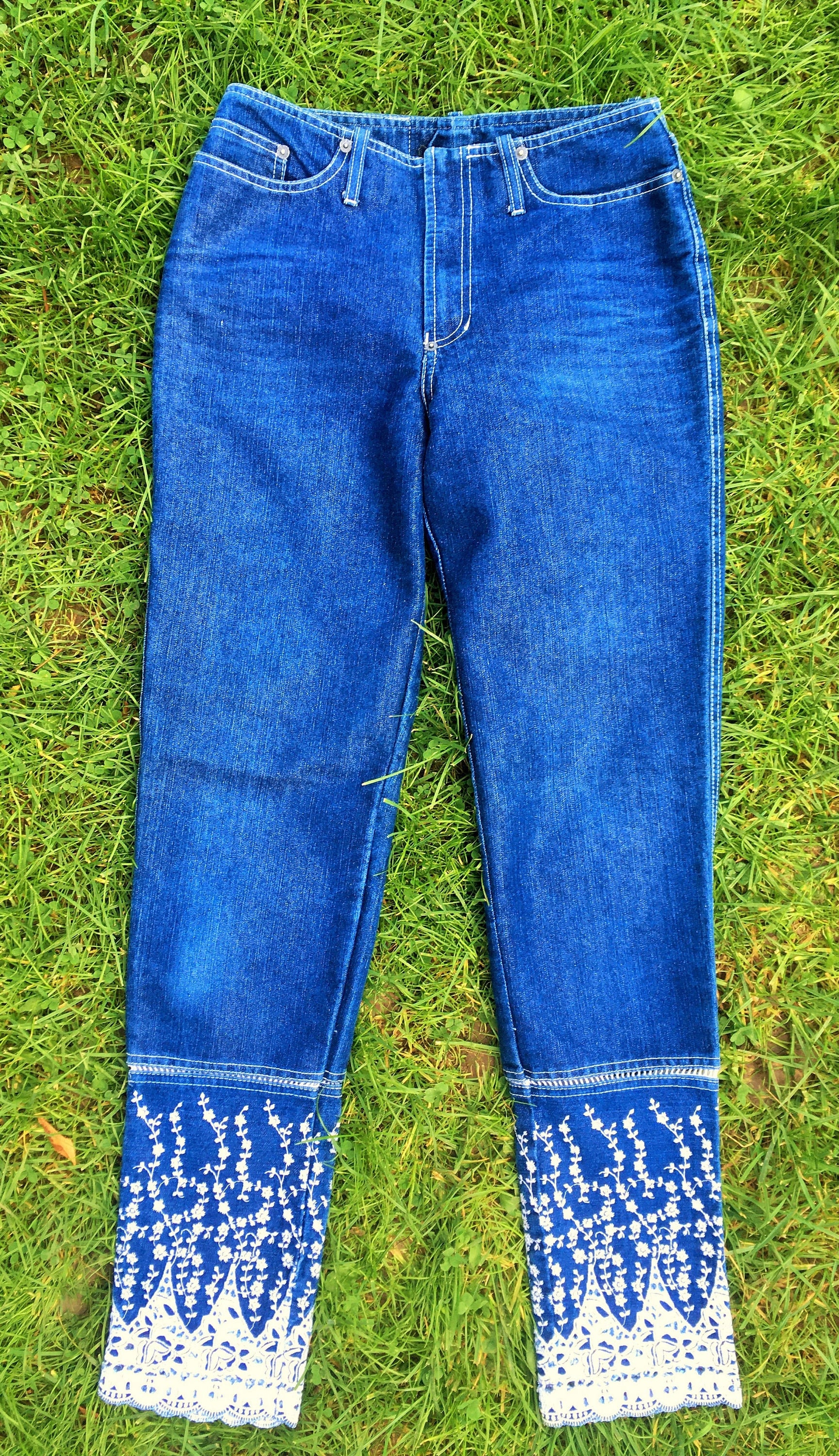 Jean Paul Gaultier JPG Blue White Embroidered Floral Lace Trousers
