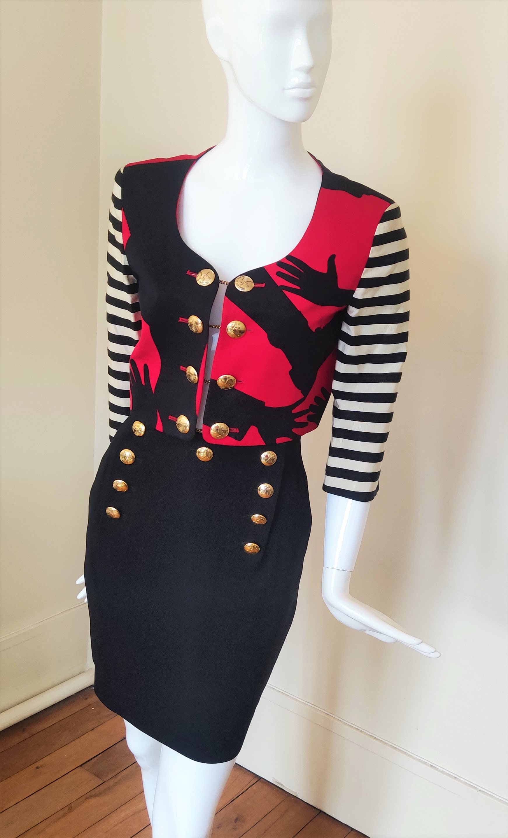 Moschino Cheap and Chic Olive Oyl Popeye Arms Legs Shadow the Nanny Couture Red Black Gold Skirt Blazer Jacket Costume Suit Etsy