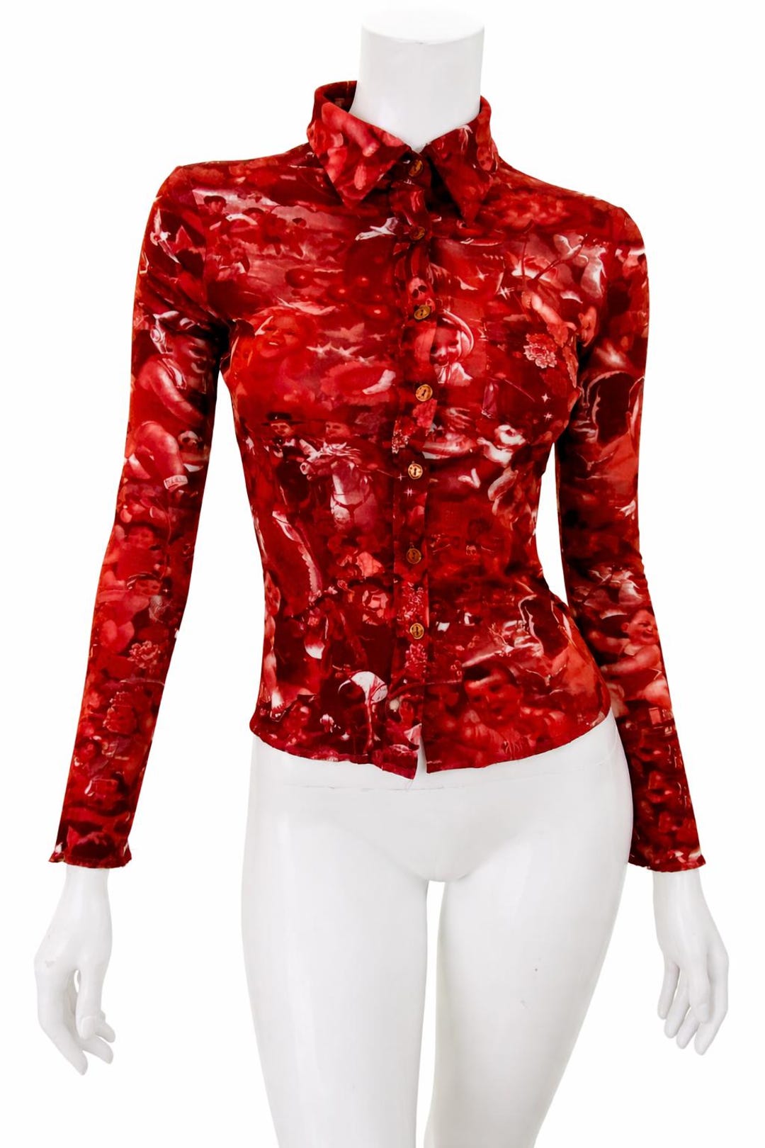 ジャンポールゴルチエ　チャイナ服シャツ　長袖　赤茶　サイズ40 Jean Paul Gaultier Vintage Red Chinese Children Baby Propaganda