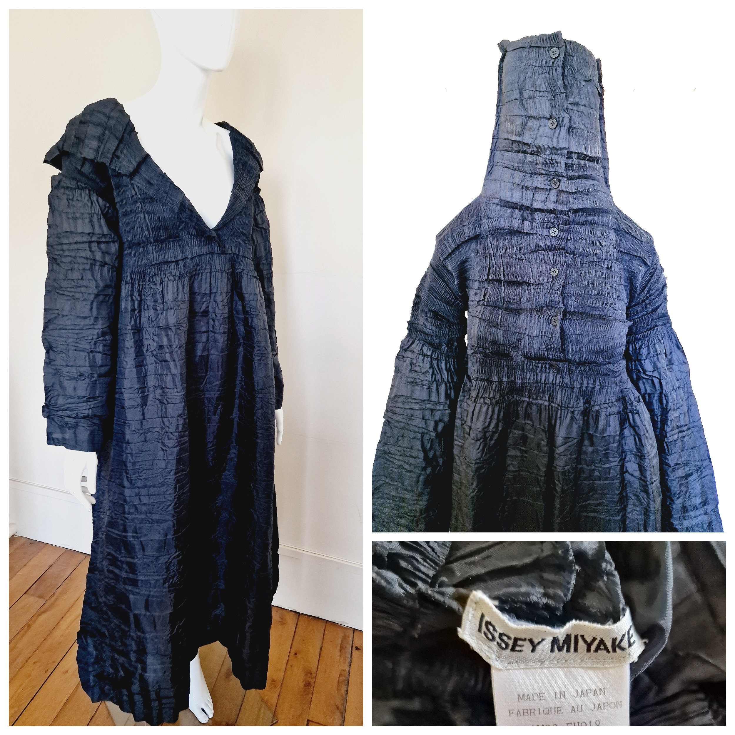 Issey Miyake Vintage Runway Evening Bell Sleeves Pleated Gigant Collar Black Gown Top Dress Etsy Canada