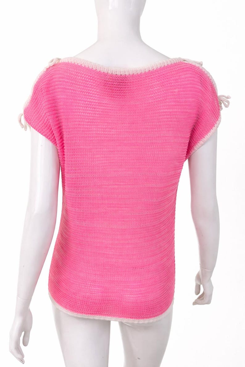 Courrèges Paris Vintage Rosa Stickad Topp - Y2K Neon Virkad Tröja Öppen Bara Axlar Knytpullover Transparent - Storlek Medium bild 6
