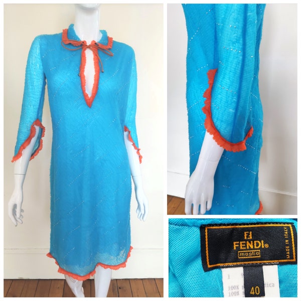 Robe mi-longue fendi strass bleu maille cristal transparent strass orange vintage soirée