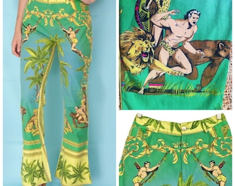 Gianni Versace Tarzan Jungle Baroque Green Vintage Medusa 90s 1993 SS Collection Couture Jeans Trousers Pants