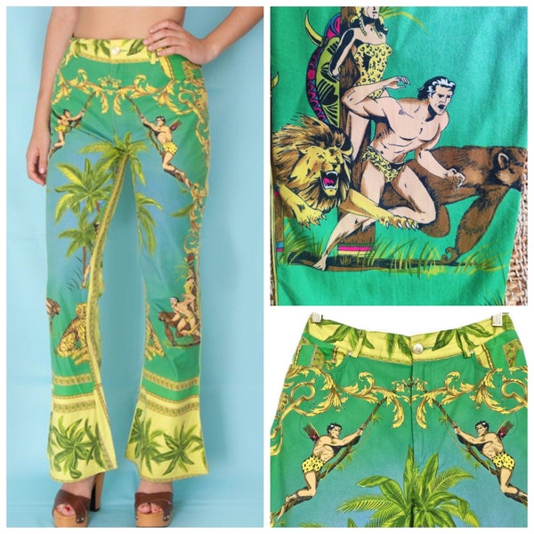 Gianni Versace Tarzan Jungle Baroque Green Vintage Medusa 90s 1993 Collezione SS Couture Jeans Pantaloni Pantaloni