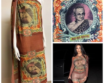 Jean Paul Gaultier JPG Self Portrait Face Baroque Mesh Transparent Crown Dragon Skull Kim Kardashian Vintage 1994 Tattoo Pareo Dress Robe