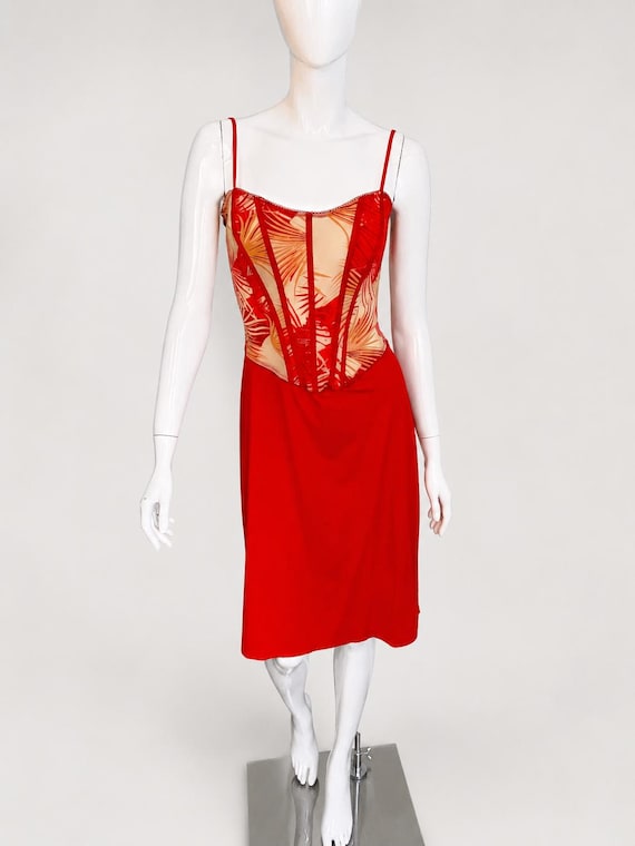 Versace Jeans Couture, Versace Jeans Couture Red Corset Dress | Y2K Sheer Bustier Palm Vintage Midi | Italian Designer - Size Medium Large