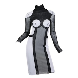 Jean Paul Gaultier 5th Element Film Roboter Cyber Schwarz und Grau Trompe L'oeil SS90 Optische Täuschung Bodycon Rollkragen Colorblock Mesh Kleid