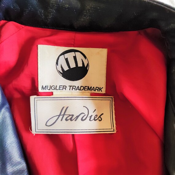 Thierry Mugler Runway Wasp Waist Bee Motorcycle PVC Big Pocket Blue Vintage Paris MTM Trademark Faux Leather 90s Runway Suit Blazer Jacket View 6